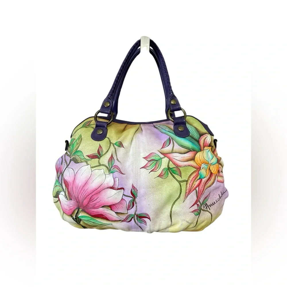 ANUSCHKA Hobo Bag Hand Painted Leather Purse Birds Tropical Flowers - Picture 3 of 15